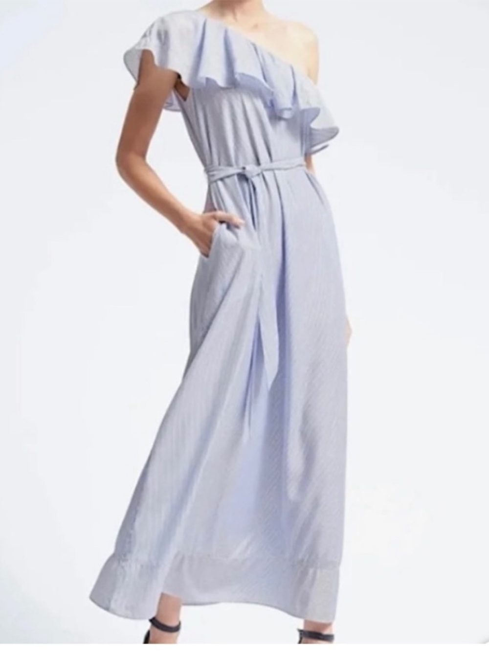 Banana Republic One-Shoulder Ruffle Striped Maxi Dress Light Blue Large Petite